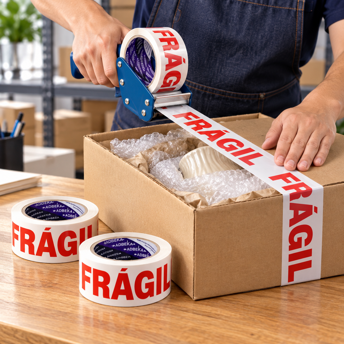Sellando caja con cinta Frágil Adbeka