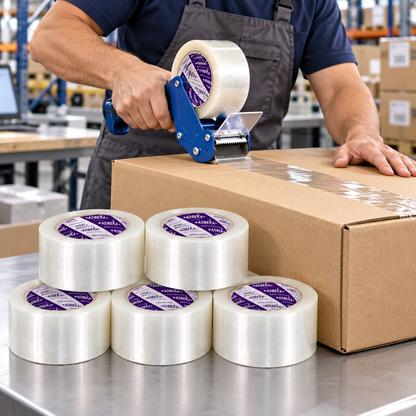Sellando caja con cinta transparente Adbeka